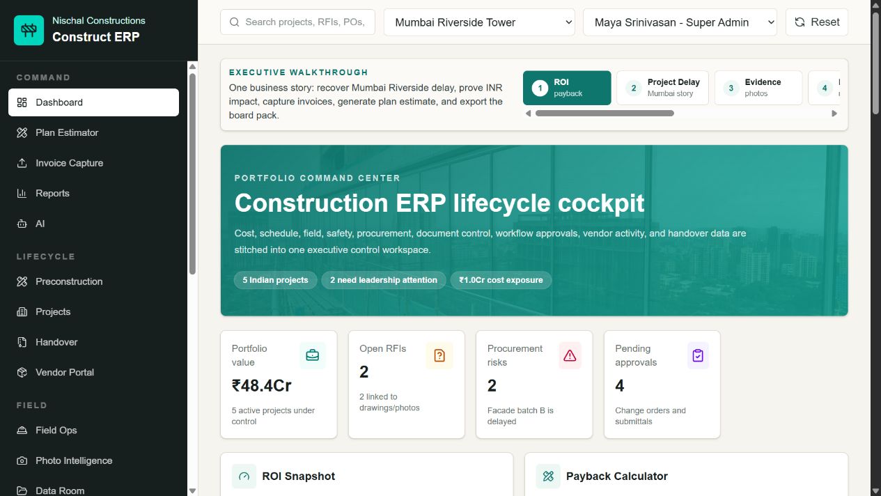 Nischal Constructions ERP executive dashboard showing portfolio value, RFIs, procurement risks, approvals, and ROI controls.
