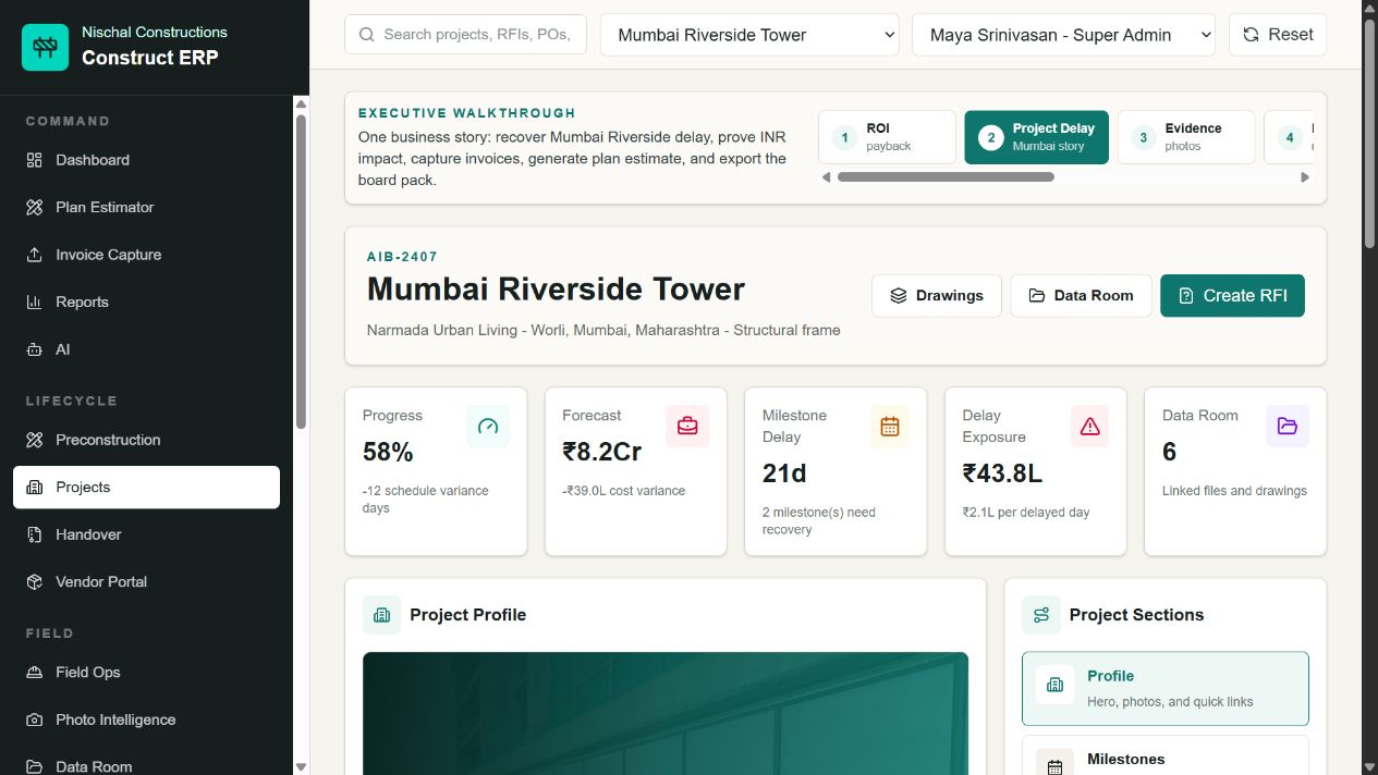 Mumbai Riverside Tower project dashboard showing progress, forecast, milestone delay, financial exposure, and linked project records.