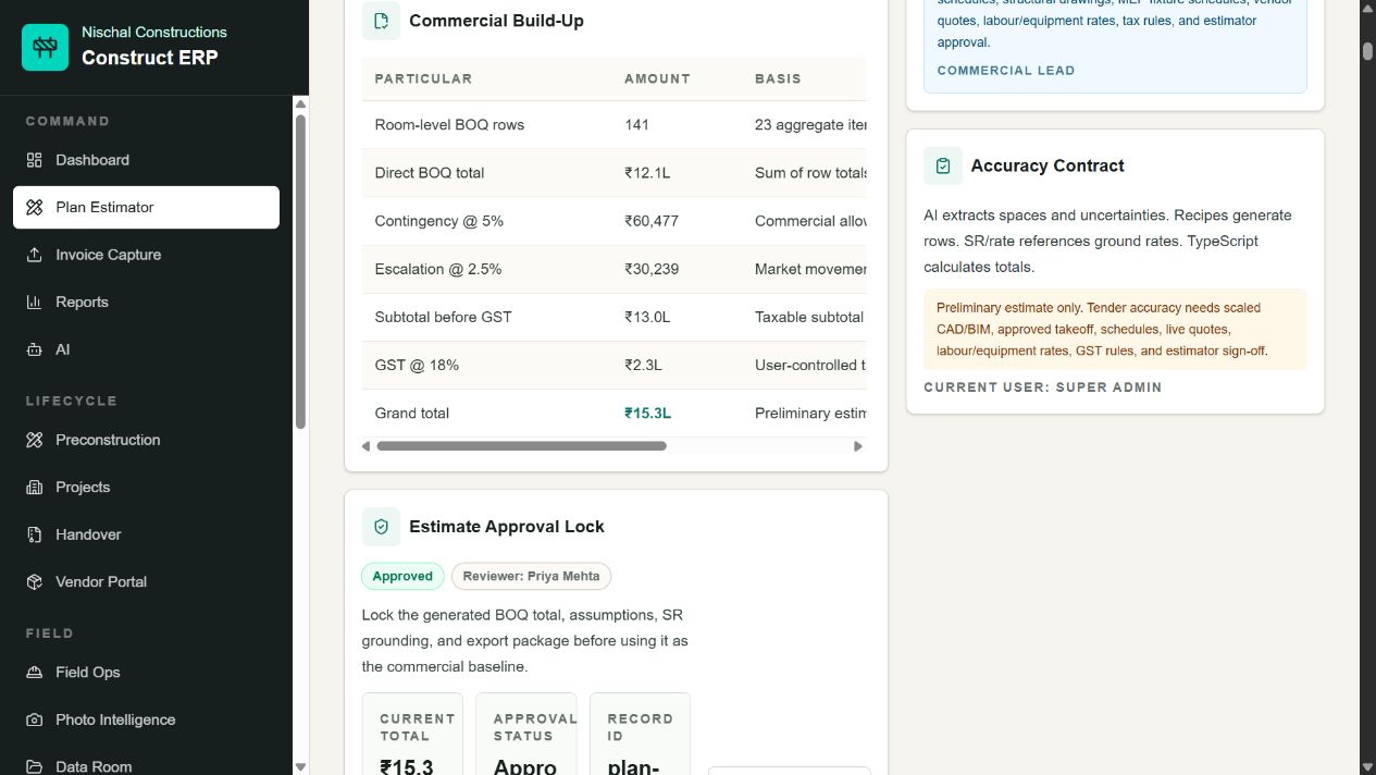 AI-assisted construction estimate showing BOQ totals, contingency, escalation, GST, accuracy controls, and approval status.