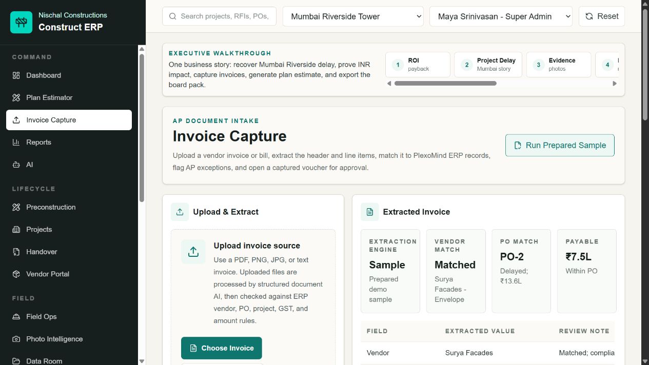 Invoice capture workspace showing extracted vendor, purchase-order match, payable amount, and structured invoice fields.